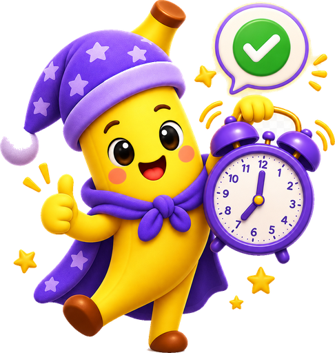 The Sleepy Banana mascot in a starry nightcap, holding an alarm clock