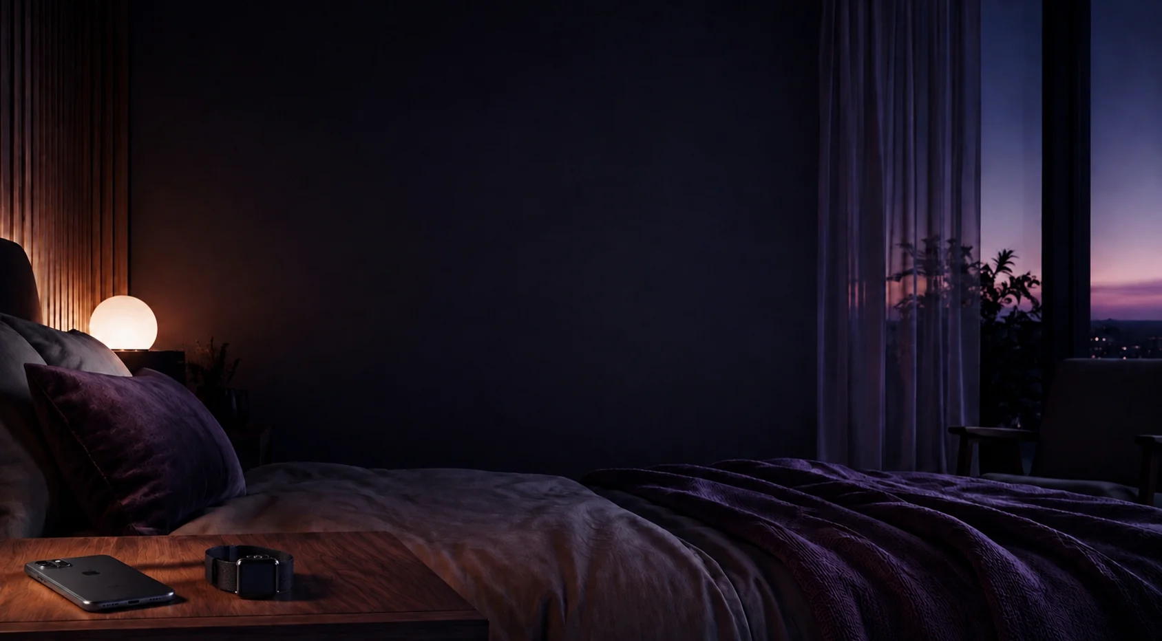 iPhone and Apple Watch beside a bed in a purple-lit bedroom