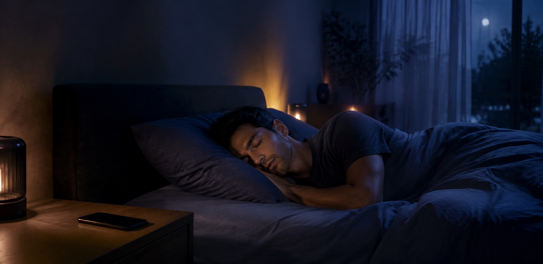Man sleeping beside an iPhone while overnight signals are tracked