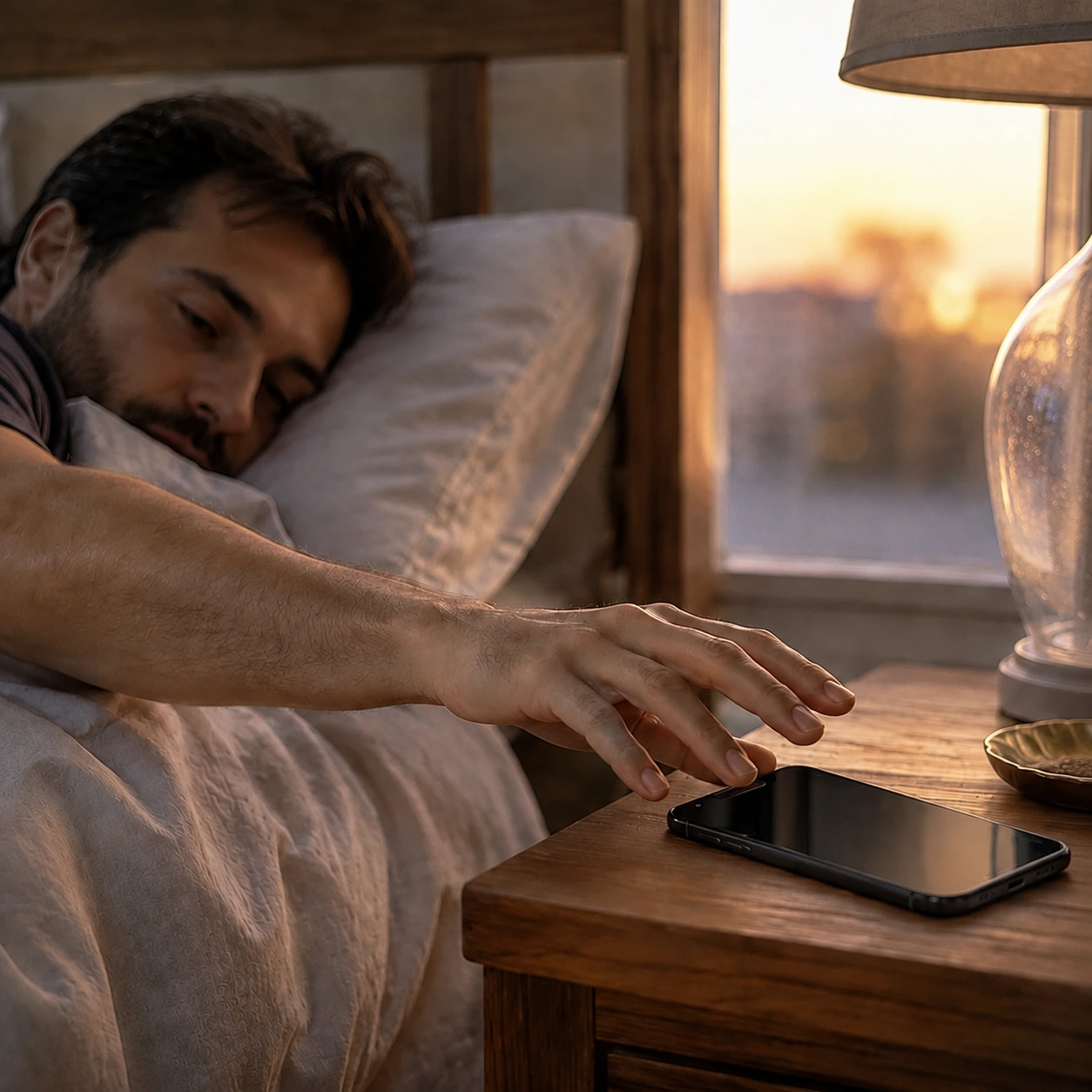 Man reaching for an iPhone as morning light enters the bedroom