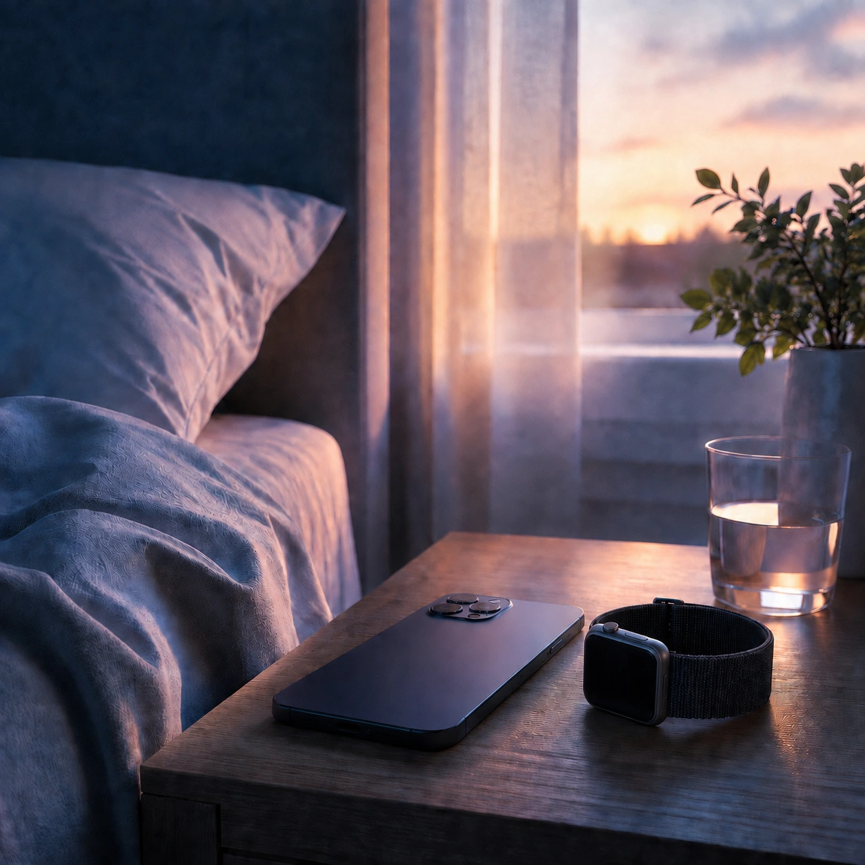 iPhone and Apple Watch resting beside a bed at dawn