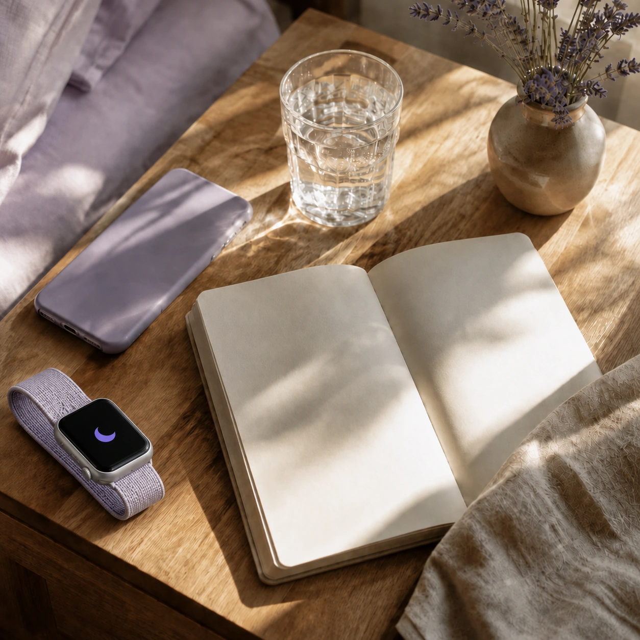 iPhone, Apple Watch, water and notebook in morning light