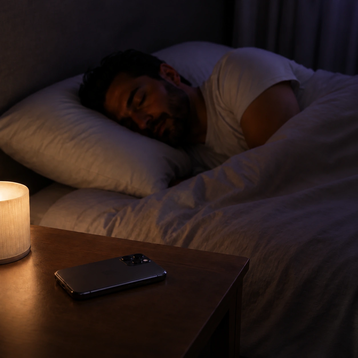 iPhone on a bedside table while one man sleeps